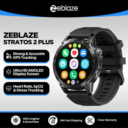 Zeblaze Stratos 2 Plus GPS Sports Smartwatch – AMOLED Display, Built-in Compass, Barometric Altimeter, Voice Call Support