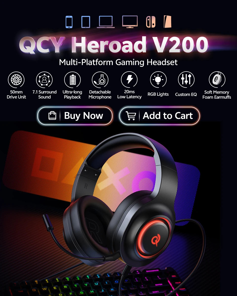 QCY Heroad V200 Over Ear Headphones 50mm Driver 7.1 Surround Sound Headset Wireless Bluetooth 6.0 Earphones for PC Laptop PS4/5