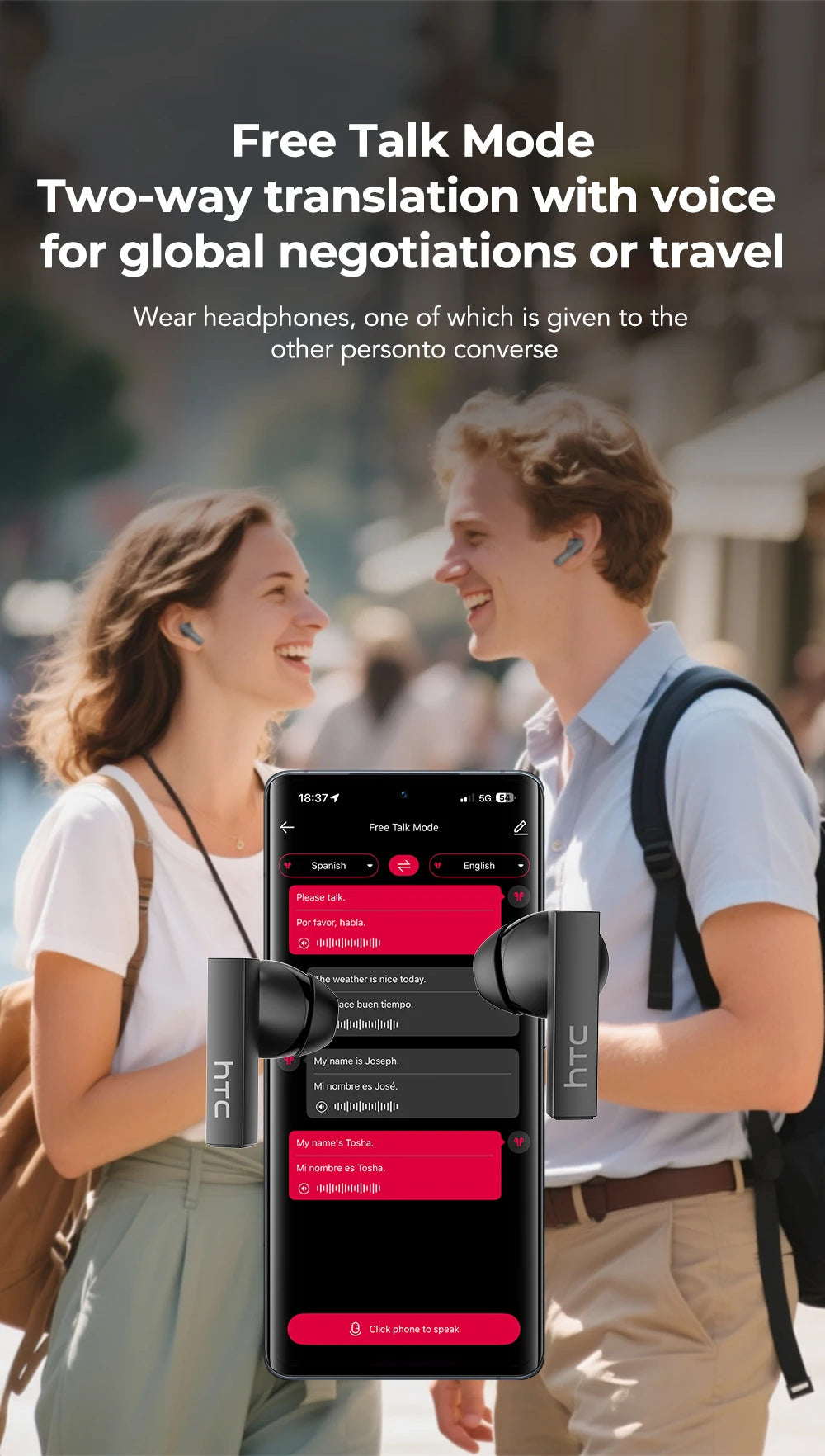 HTC NE40 TWS Bluetooth 6.0 Earbuds with AI Translator & Noise Reduction Mic