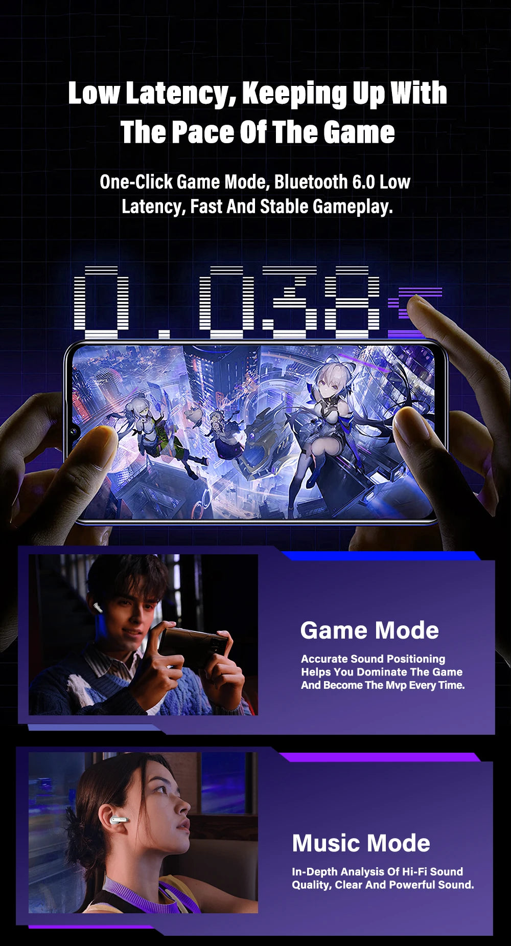 HTC NE70 Bluetooth V6.0 Headphones Smart Touchscreen Wireless Earphones AI Translator Earbuds Gaming Earbuds HD Bass