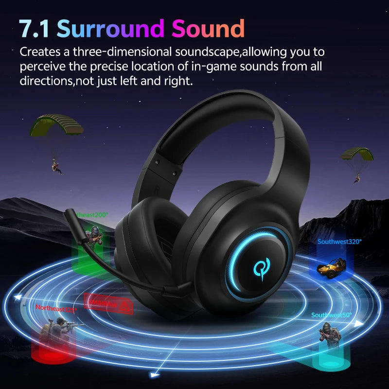 QCY Heroad V200 Over Ear Headphones 50mm Driver 7.1 Surround Sound Headset Wireless Bluetooth 6.0 Earphones for PC Laptop PS4/5