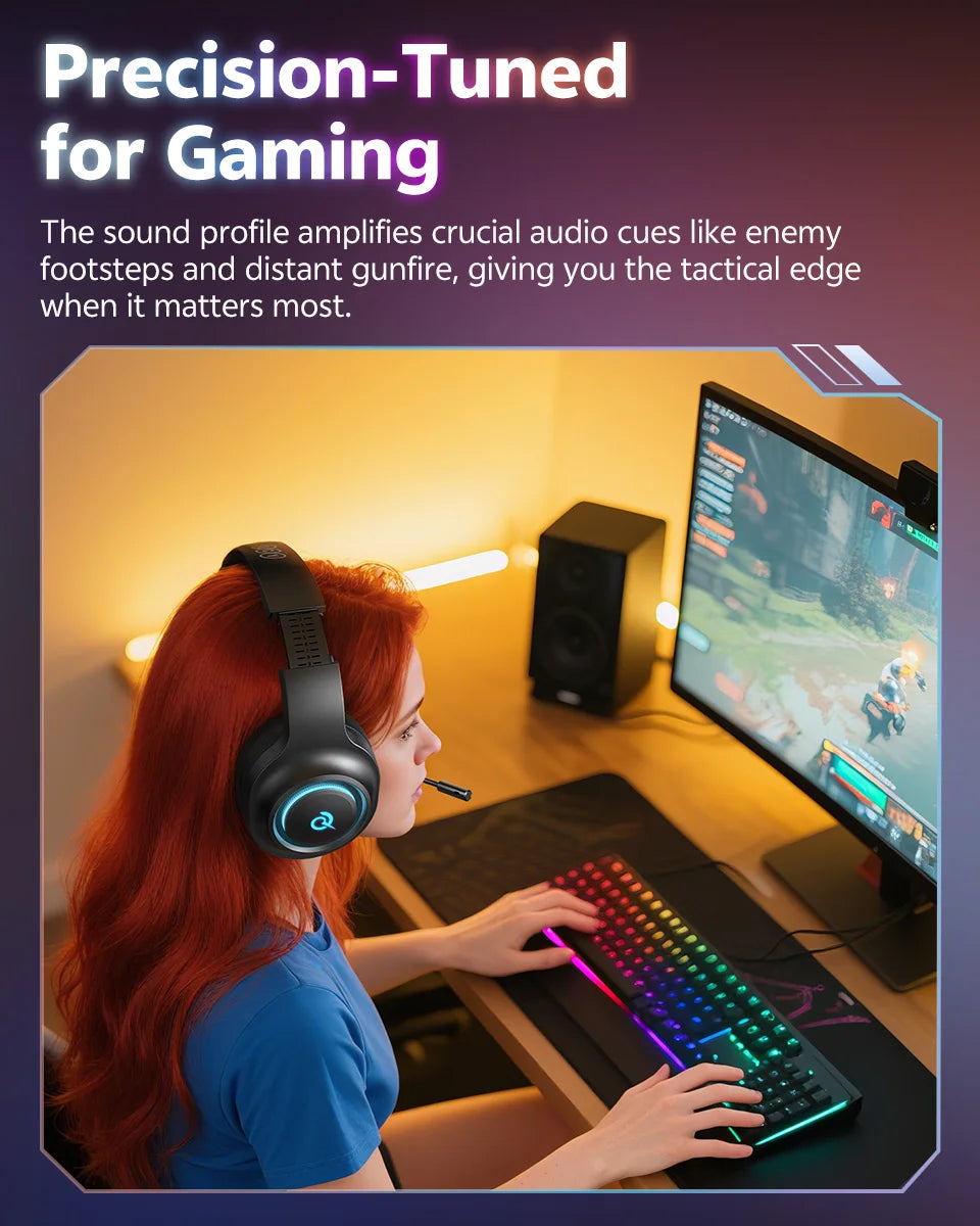 QCY Heroad V200 Over Ear Headphones 50mm Driver 7.1 Surround Sound Headset Wireless Bluetooth 6.0 Earphones for PC Laptop PS4/5