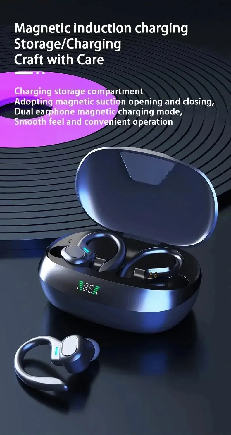 TWS Wireless Earbuds with Ear Hook – Sports HiFi Stereo Waterproof Headphones with Mic