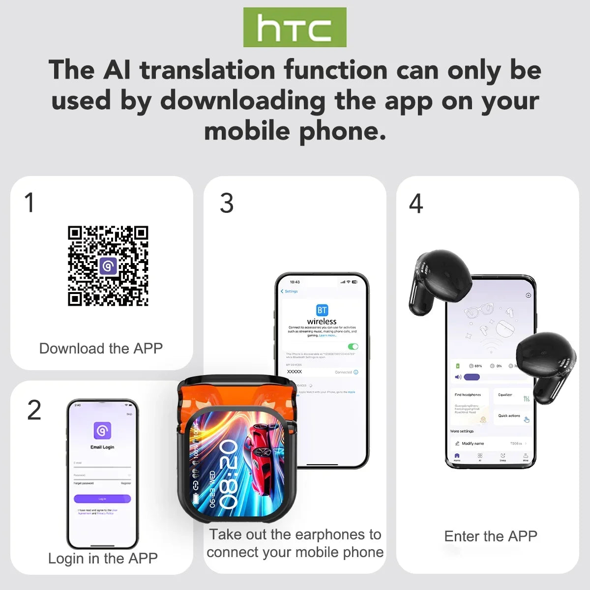 HTC NE20 AI Translator Wireless Earbuds – Bluetooth 6.0