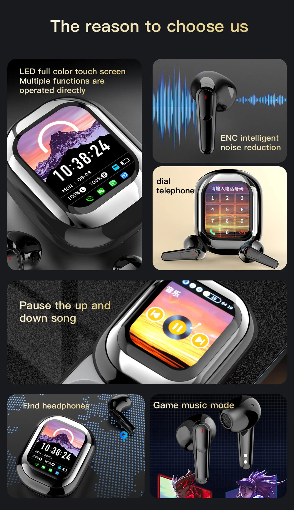 SE-ONE Smart Headphones LED Full-color Slide Touch Screen Support APP Information Receiving Wireless TWS Earbuds 300mAh