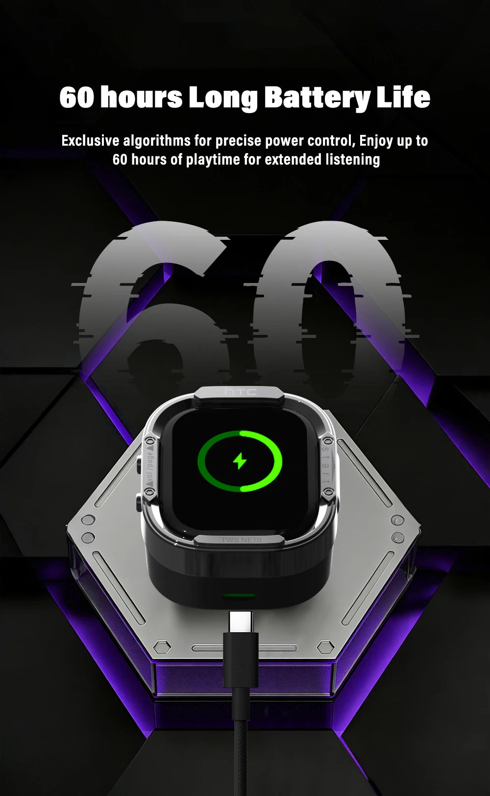 HTC NE70 Bluetooth V6.0 Headphones Smart Touchscreen Wireless Earphones AI Translator Earbuds Gaming Earbuds HD Bass