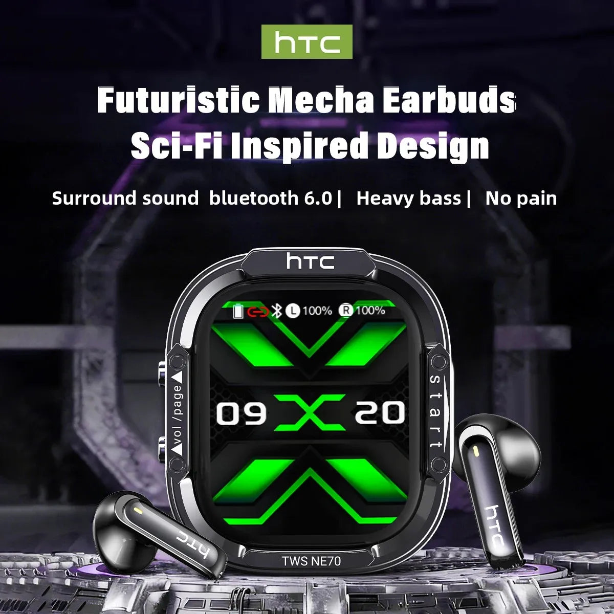 HTC NE70 Bluetooth V6.0 Headphones Smart Touchscreen Wireless Earphones AI Translator Earbuds Gaming Earbuds HD Bass