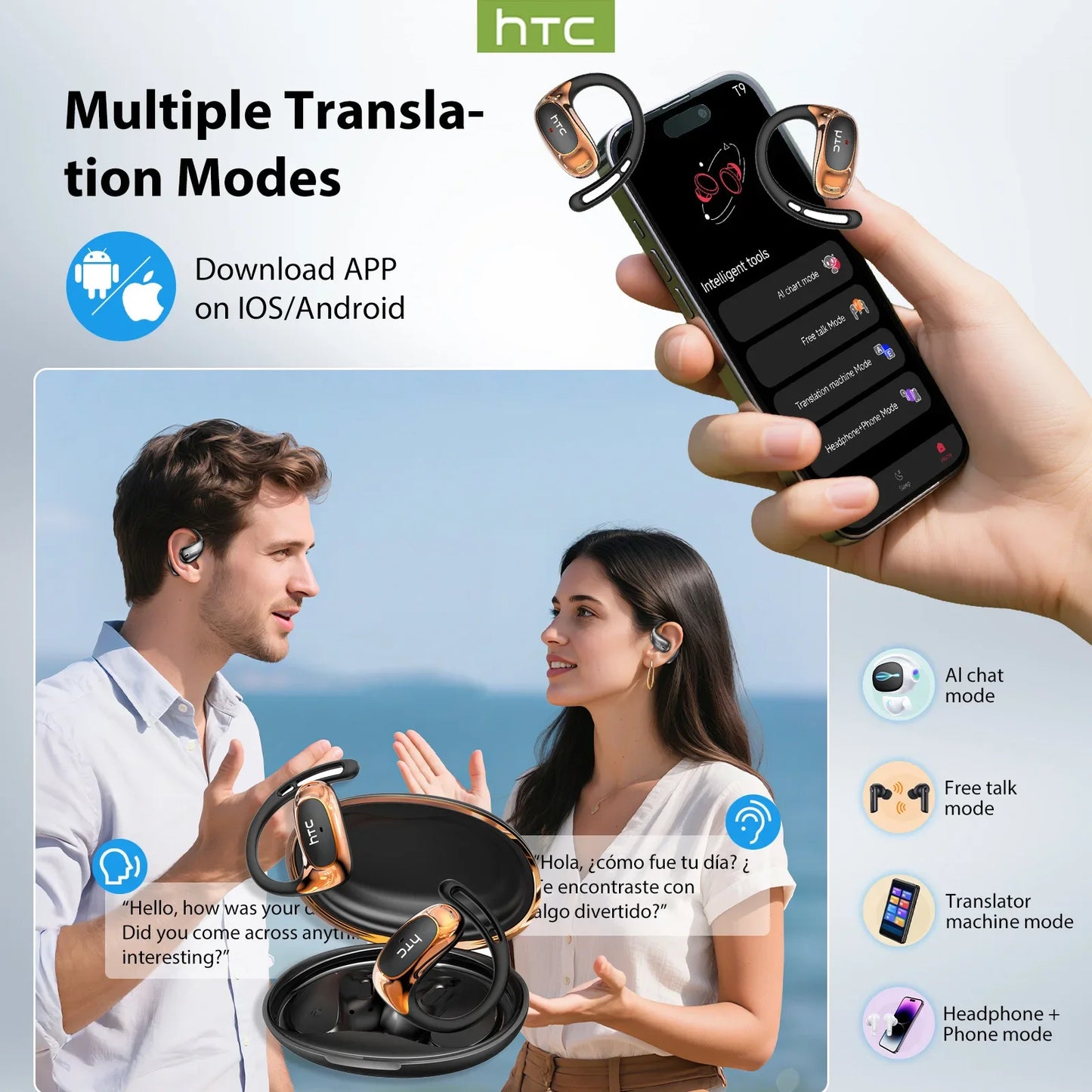 HTC NE35 Bluetooth V6.0 AI Translation Earphones OWS Sport Headphone Noise Reduction Calls Wireless Headphone Longlife HD Bass