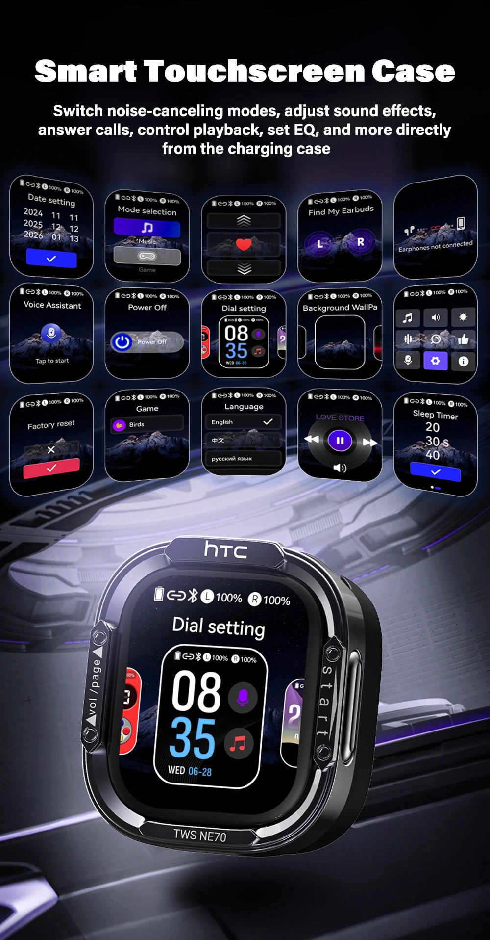 HTC NE70 Bluetooth V6.0 Headphones Smart Touchscreen Wireless Earphones AI Translator Earbuds Gaming Earbuds HD Bass