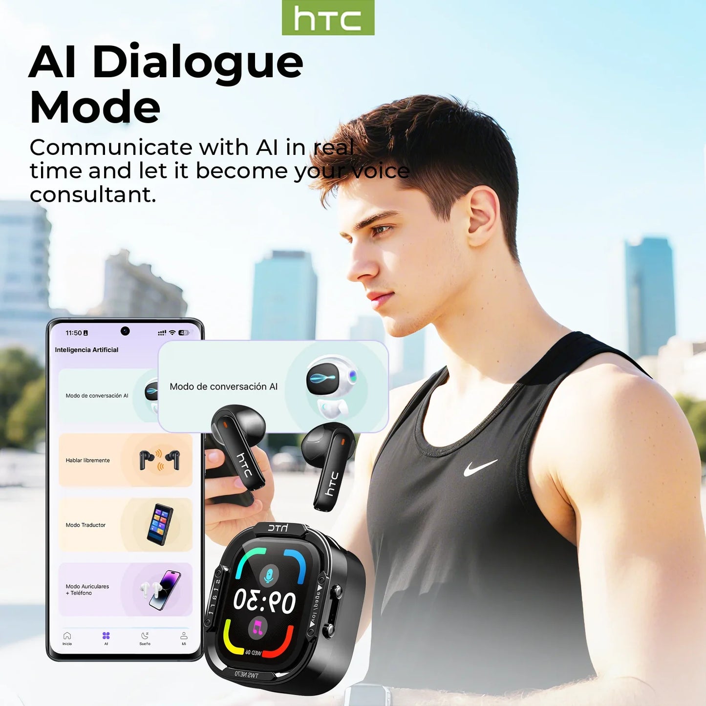 HTC NE70 Bluetooth V6.0 Headphones Smart Touchscreen Wireless Earphones AI Translator Earbuds Gaming Earbuds HD Bass