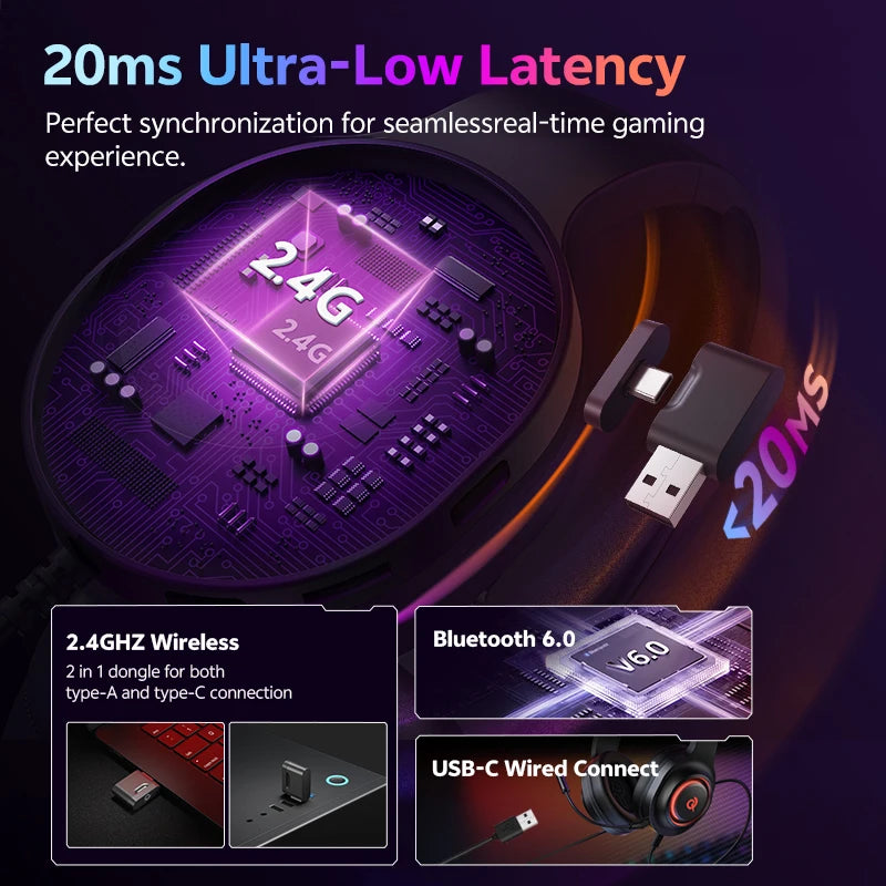 QCY Heroad V200 Over Ear Headphones 50mm Driver 7.1 Surround Sound Headset Wireless Bluetooth 6.0 Earphones for PC Laptop PS4/5