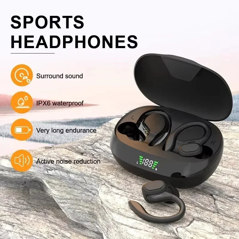 TWS Wireless Earbuds with Ear Hook – Sports HiFi Stereo Waterproof Headphones with Mic