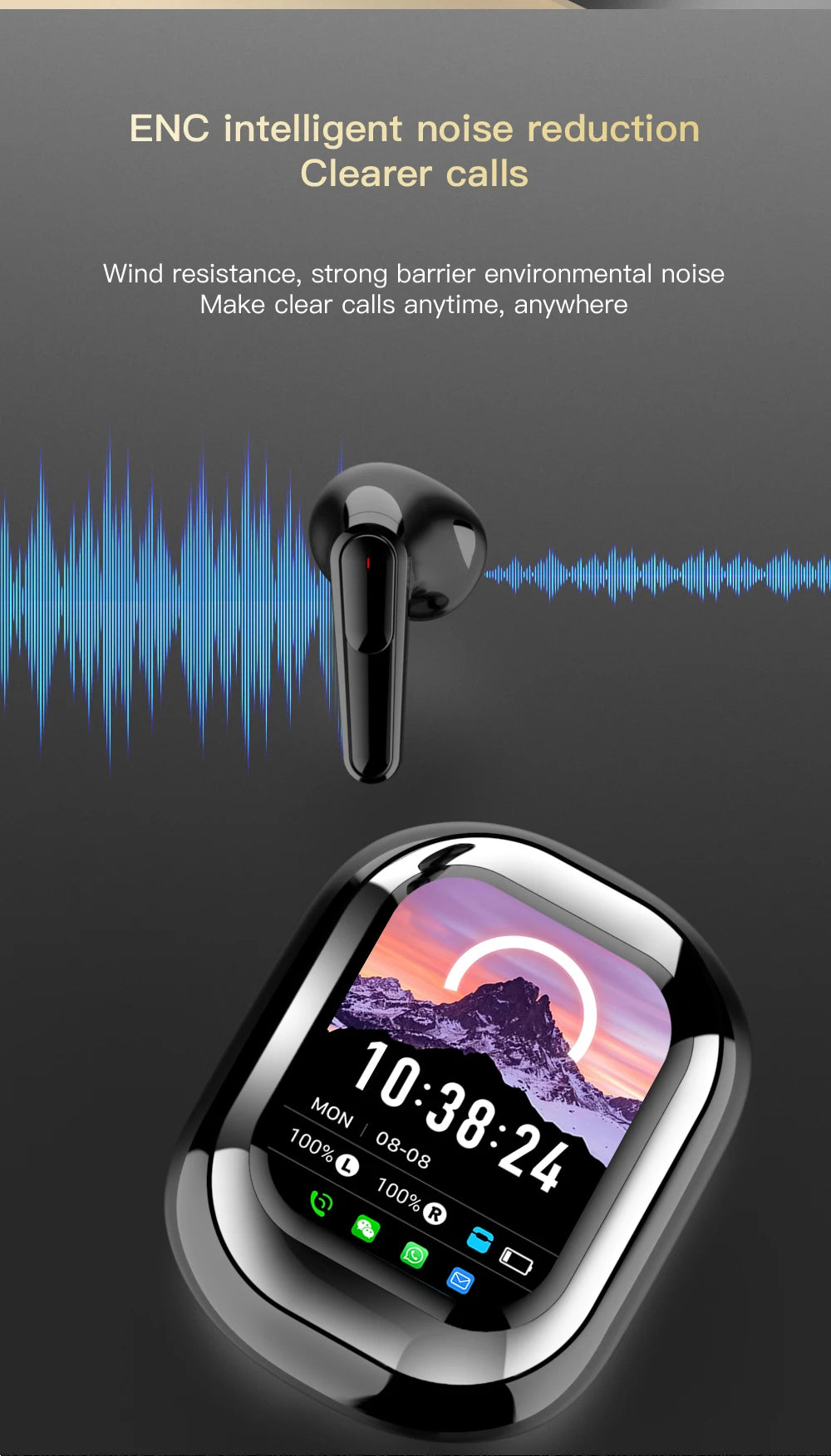 SE-ONE Smart Headphones LED Full-color Slide Touch Screen Support APP Information Receiving Wireless TWS Earbuds 300mAh