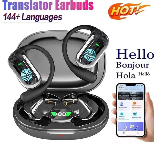 BT 5.3 AI Translation Open-Ear Earbuds with Ear Hook for Running & Fitness