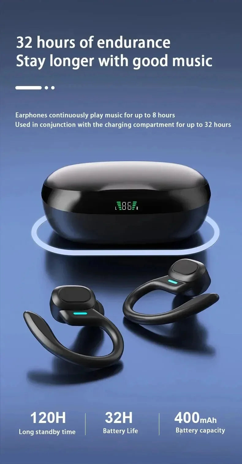 TWS Wireless Earbuds with Ear Hook – Sports HiFi Stereo Waterproof Headphones with Mic
