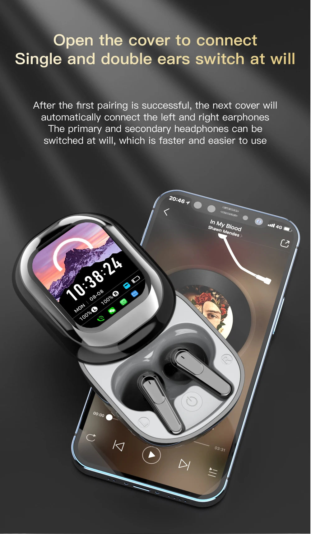 SE-ONE Smart Headphones LED Full-color Slide Touch Screen Support APP Information Receiving Wireless TWS Earbuds 300mAh