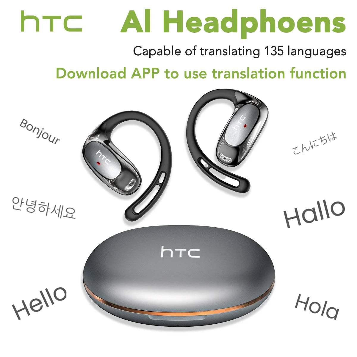 HTC NE35 Bluetooth V6.0 AI Translation Earphones OWS Sport Headphone Noise Reduction Calls Wireless Headphone Longlife HD Bass