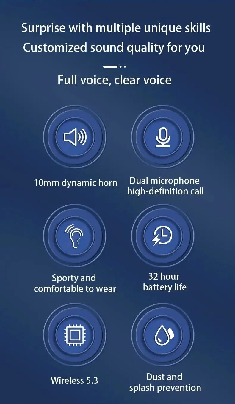 TWS Wireless Earbuds with Ear Hook – Sports HiFi Stereo Waterproof Headphones with Mic