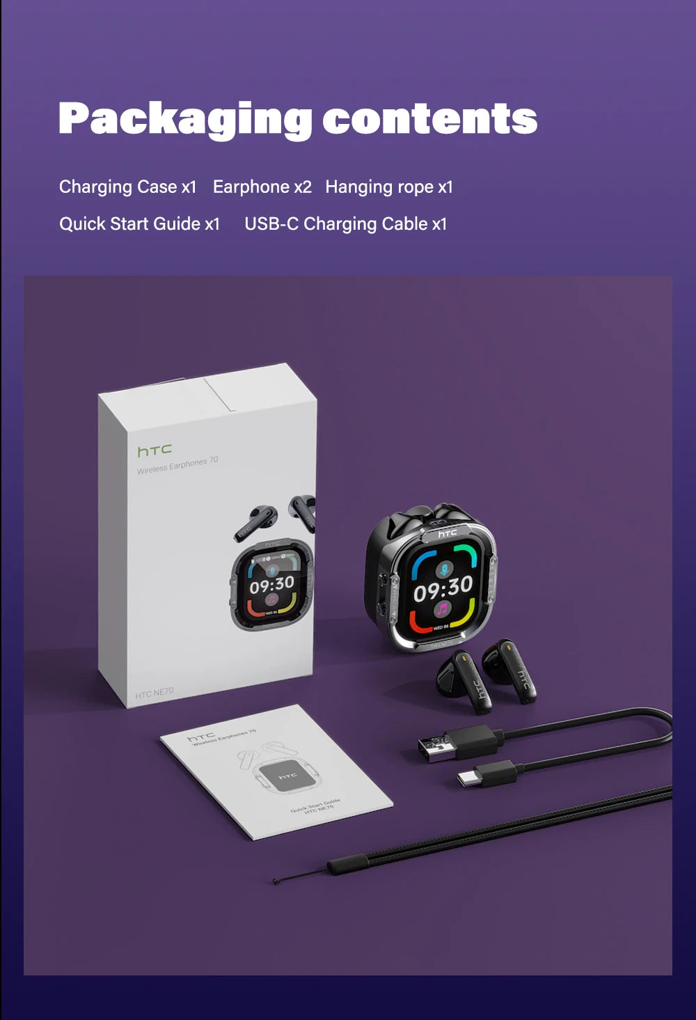 HTC NE70 Bluetooth V6.0 Headphones Smart Touchscreen Wireless Earphones AI Translator Earbuds Gaming Earbuds HD Bass