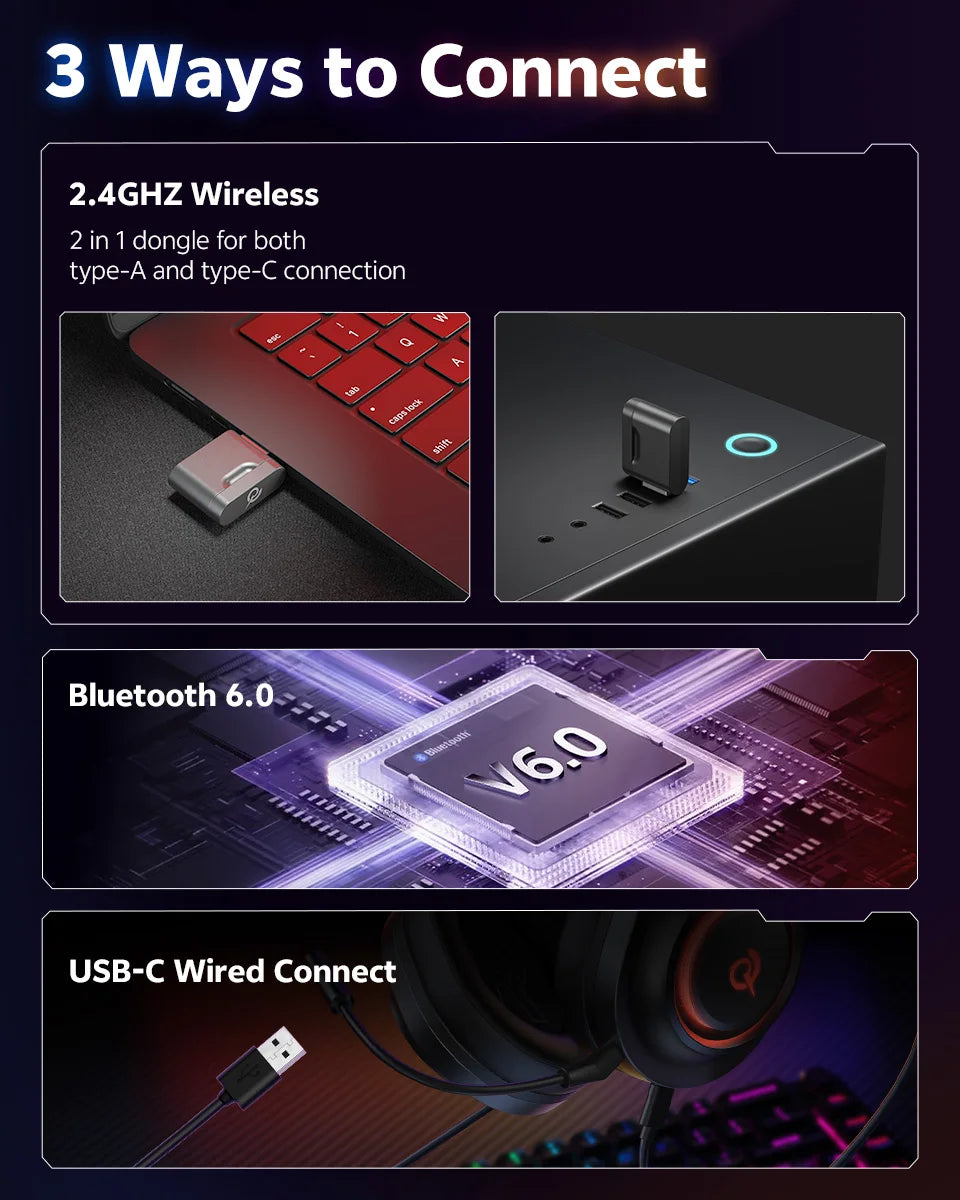 QCY Heroad V200 Over Ear Headphones 50mm Driver 7.1 Surround Sound Headset Wireless Bluetooth 6.0 Earphones for PC Laptop PS4/5