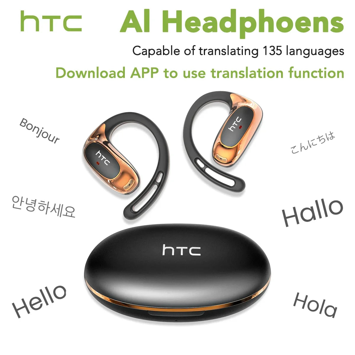 HTC NE35 Bluetooth V6.0 AI Translation Earphones OWS Sport Headphone Noise Reduction Calls Wireless Headphone Longlife HD Bass